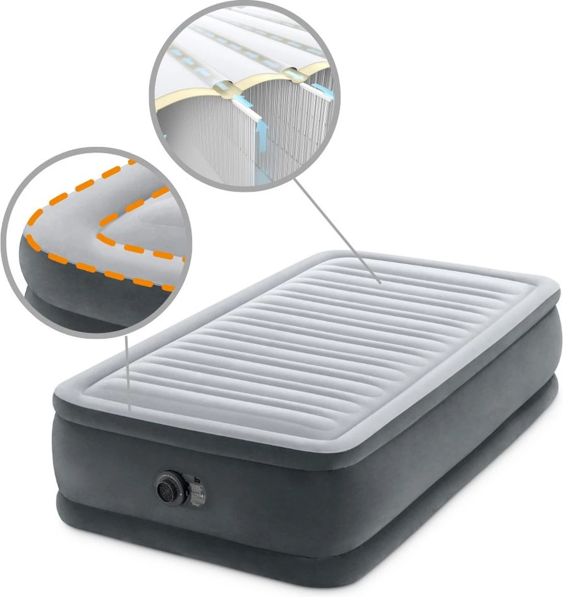 Intex Luchtbed - 1-Persoons - 99 X 191 X 46 Cm - Grijs - Met Ingebouwde Pomp, Hoeslaken Antraciet En Reparatieset 10 Intex Luchtbed - 1-Persoons - 99 X 191 X 46 Cm - Grijs - Met Ingebouwde Pomp, Hoeslaken Antraciet En Reparatieset - Afbeelding 8