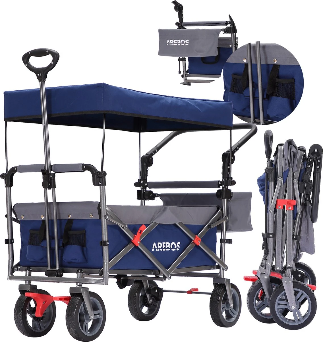 AREBOS Premium Steekwagen Met Dak Opvouwbare Tuinkar Handkar Bolderkar Blauw / Grijs 3 AREBOS Premium Steekwagen Met Dak Opvouwbare Tuinkar Handkar Bolderkar Blauw / Grijs