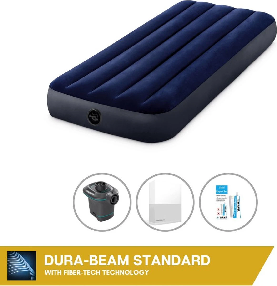 Intex Luchtbedset Intex Luchtbed - 1-Persoons - 76 X 191 X 25 Cm - Blauw + Intex Elektrische Pomp - 650 Liter/min + Hoeslaken Wit + Reparatieset 3 Intex Luchtbedset Intex Luchtbed - 1-Persoons - 76 X 191 X 25 Cm - Blauw + Intex Elektrische Pomp - 650 Liter/min + Hoeslaken Wit + Reparatieset