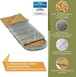 Skandika Dundee Flannel-R Slaapzak – Slaapzakken – Slaapzakken Volwassen - Maat M – Unisex - Katoen, Luxe Kwaliteit, Dubbele Slaapzak, 3 Seizoenen, Tot -20°C - 220 X 80 Cm - Outdoor Kampeerslaapzak – Ritssluiting Rechts - Grijs/geel -Buiten Kamperen Apparatuur 1195x1200 12