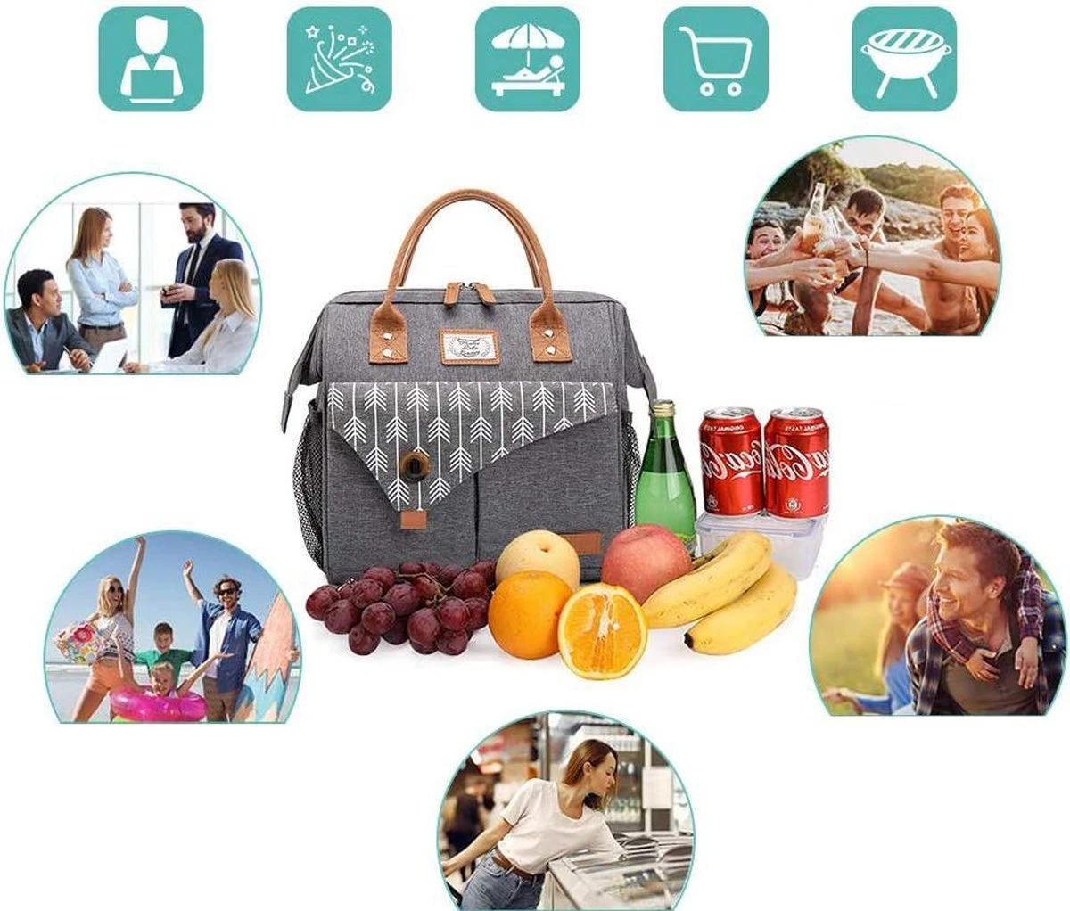 HN® Lunchtas Grijs Pijlen, Geïsoleerde Koeltas, Lekvrij, Extra Grote Opening Voor De Lunch Box, 25×16,5×26cm Design Heren En Dames 6 HN® Lunchtas Grijs Pijlen, Geïsoleerde Koeltas, Lekvrij, Extra Grote Opening Voor De Lunch Box, 25×16,5×26cm Design Heren En Dames - Afbeelding 4