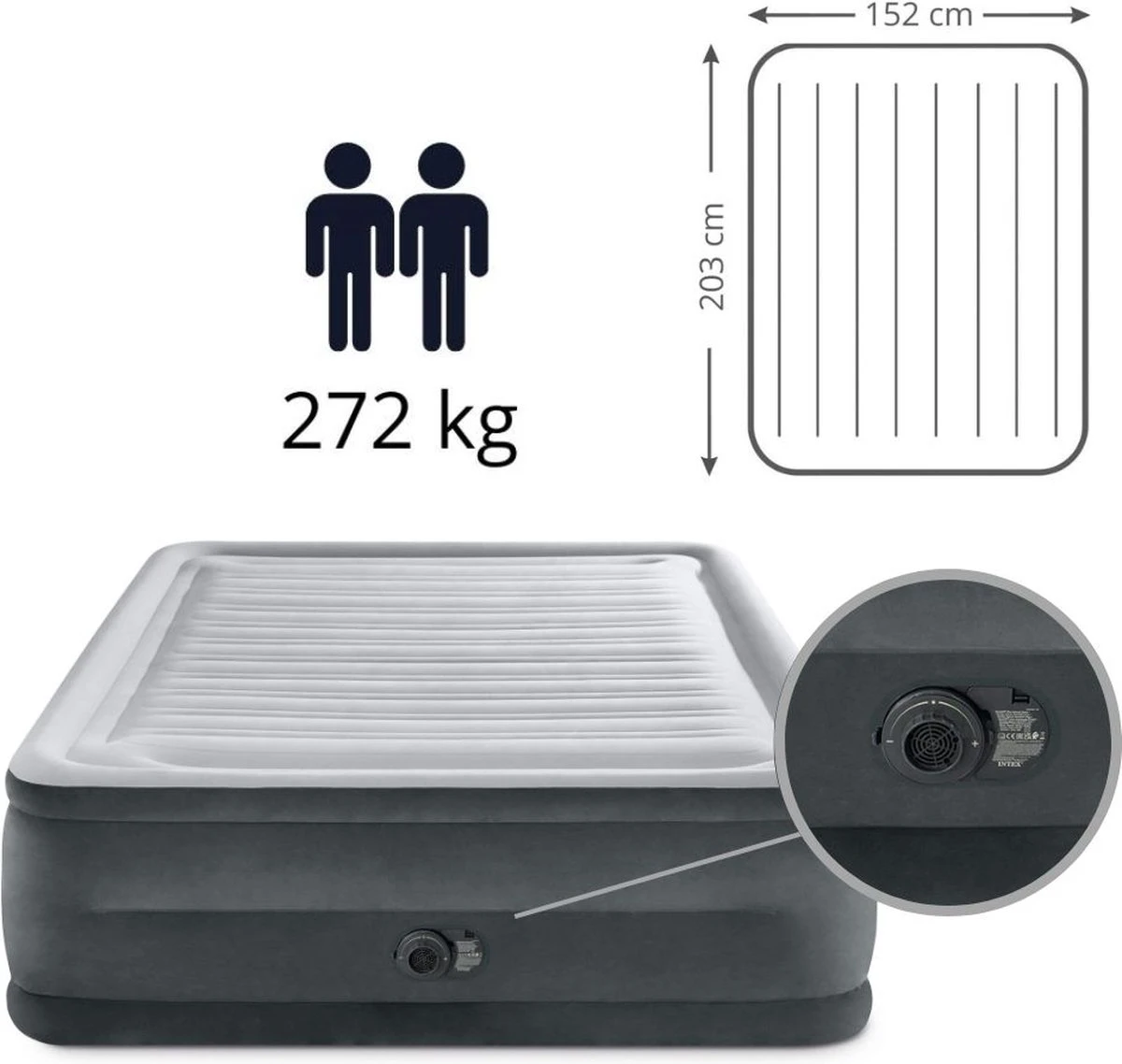 Intex Luchtbed - 2-Persoons - 152 X 203 X 33 Cm - Grijs - Met Ingebouwde Pomp, Hoeslaken Antraciet En Reparatieset 6 Intex Luchtbed - 2-Persoons - 152 X 203 X 33 Cm - Grijs - Met Ingebouwde Pomp, Hoeslaken Antraciet En Reparatieset - Afbeelding 4