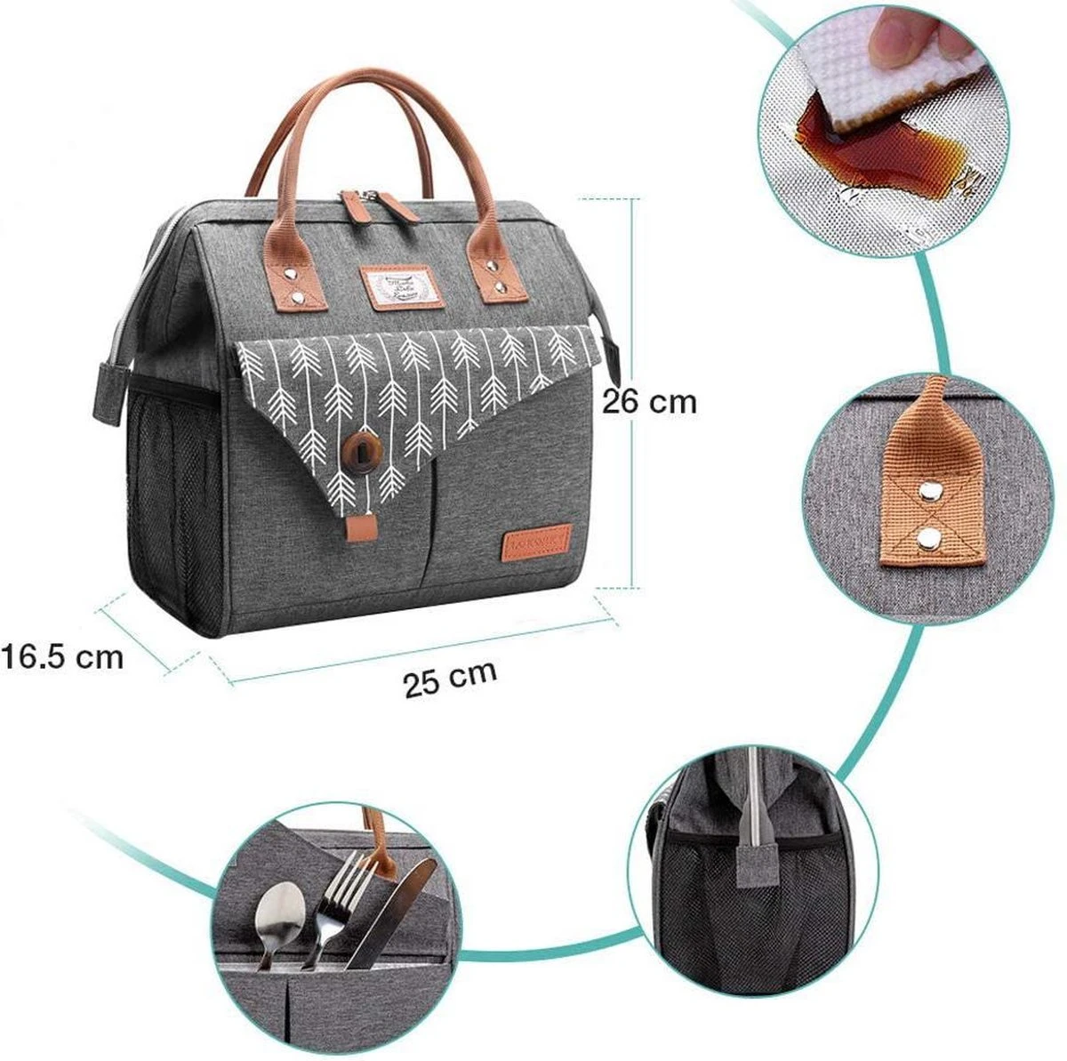 HN® Lunchtas Grijs Pijlen, Geïsoleerde Koeltas, Lekvrij, Extra Grote Opening Voor De Lunch Box, 25×16,5×26cm Design Heren En Dames 4 HN® Lunchtas Grijs Pijlen, Geïsoleerde Koeltas, Lekvrij, Extra Grote Opening Voor De Lunch Box, 25×16,5×26cm Design Heren En Dames - Afbeelding 2