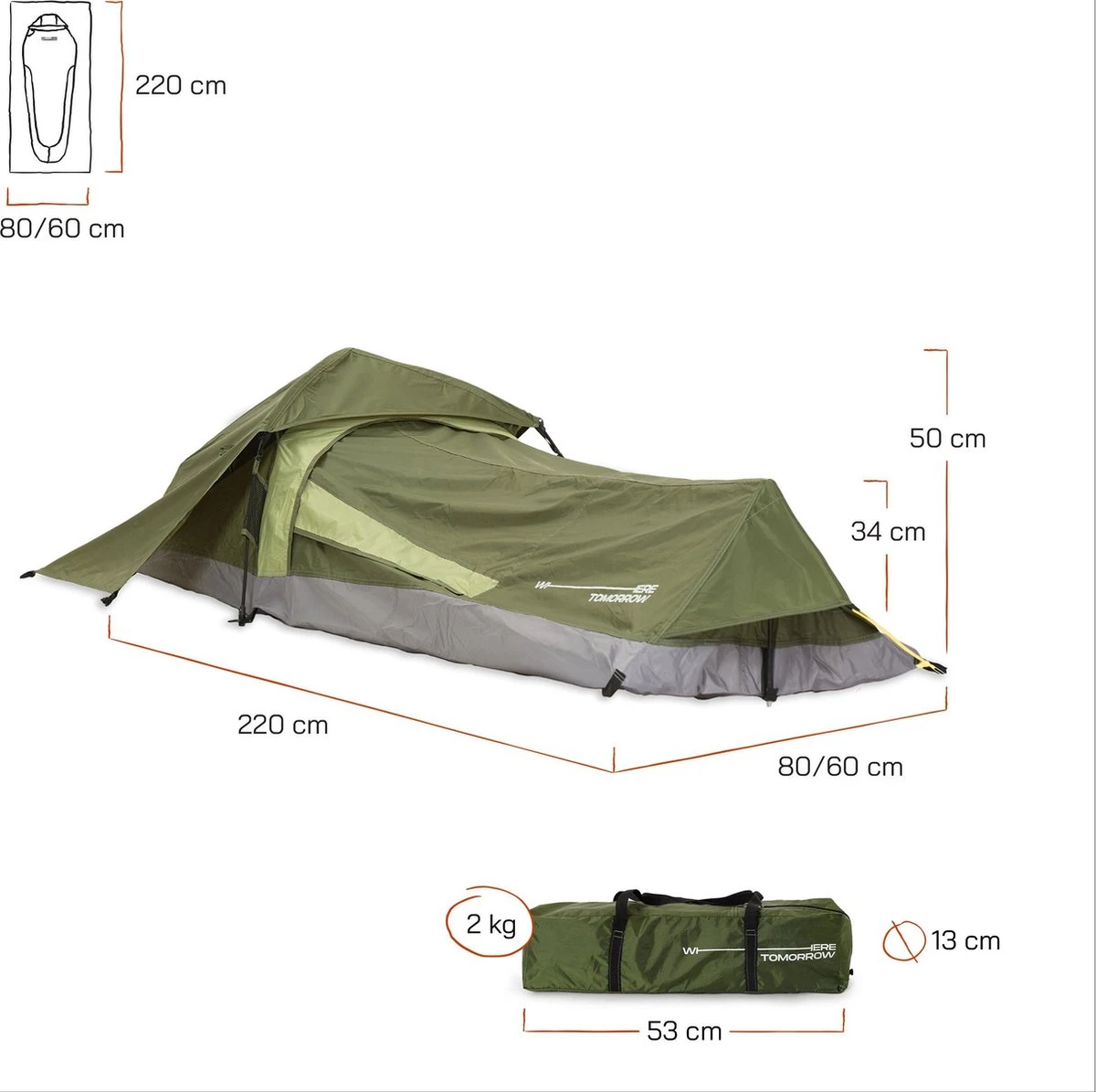 Where Tomorrow Solo Tent 220X80X50 Cm - Groen - 1 Persoons 6 Where Tomorrow Solo Tent 220X80X50 Cm - Groen - 1 Persoons - Afbeelding 4