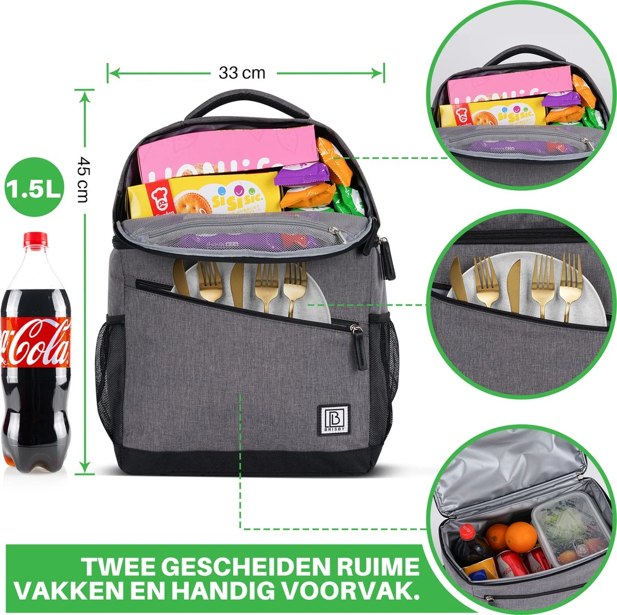 Brisby 4 Laags Geïsoleerde Koeltas Rugzak - 25 Liter - Met Handige Vakken Voor Bestek En Essentials - Waterafstotend Materiaal - Donkergrijs 6 Brisby 4 Laags Geïsoleerde Koeltas Rugzak - 25 Liter - Met Handige Vakken Voor Bestek En Essentials - Waterafstotend Materiaal - Donkergrijs - Afbeelding 4