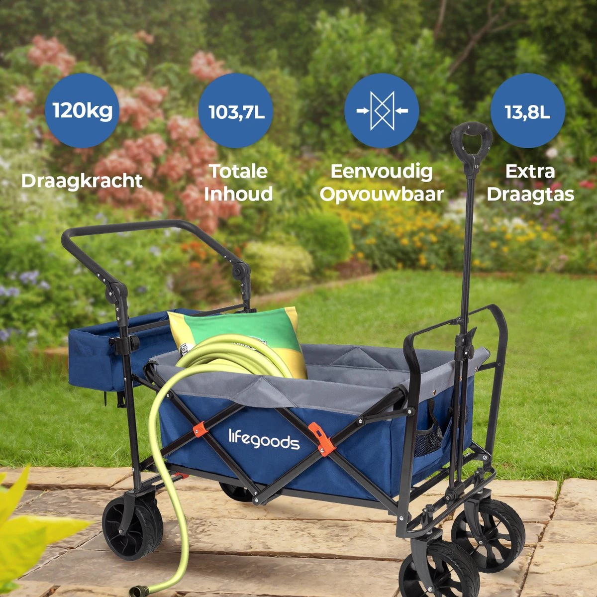 LifeGoods Bolderkar - Opvouwbaar - Tot 120KG - 103L - Extra Draagtas En Duwstang - Wasbaar Polyester - 98x45cm - Blauw/Grijs 4 LifeGoods Bolderkar - Opvouwbaar - Tot 120KG - 103L - Extra Draagtas En Duwstang - Wasbaar Polyester - 98x45cm - Blauw/Grijs - Afbeelding 2