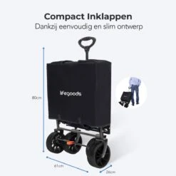 LifeGoods Bolderkar - Opvouwbaar - Tot 120KG - 103L - Extra Draagtas En Duwstang - Wasbaar Polyester - 98x45cm - Zwart/Grijs -Buiten Kamperen Apparatuur 1200x1200 1183