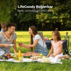 LifeGoods Bolderkar - Opvouwbaar - Tot 120KG - 103L - Extra Draagtas En Duwstang - Wasbaar Polyester - 98x45cm - Zwart/Grijs -Buiten Kamperen Apparatuur 1200x1200 1189