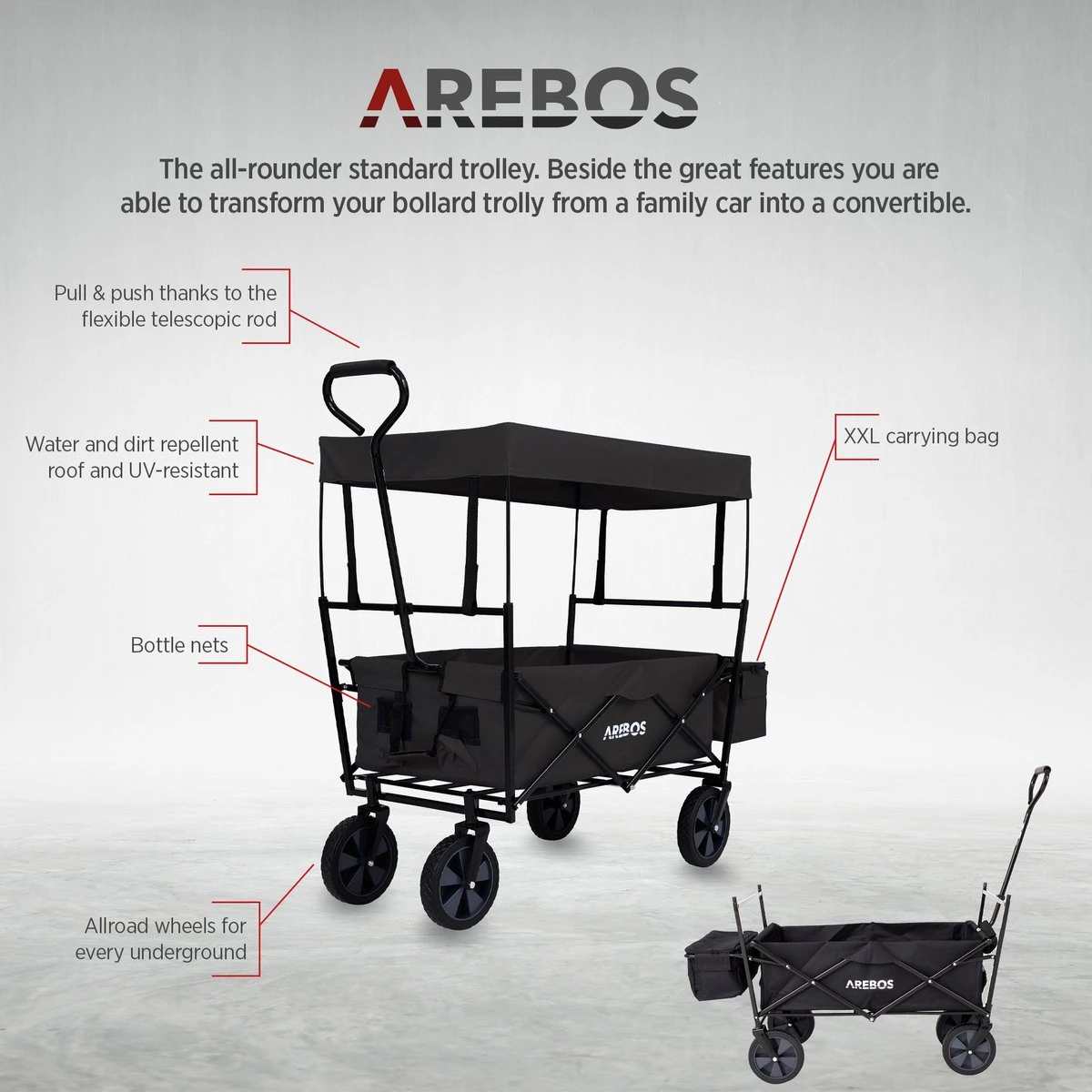AREBOS Handwagen Vouwbare Dak Handwagen Vouwbare Trolley Uitrustingswagen Zwart 8 AREBOS Handwagen Vouwbare Dak Handwagen Vouwbare Trolley Uitrustingswagen Zwart - Afbeelding 6