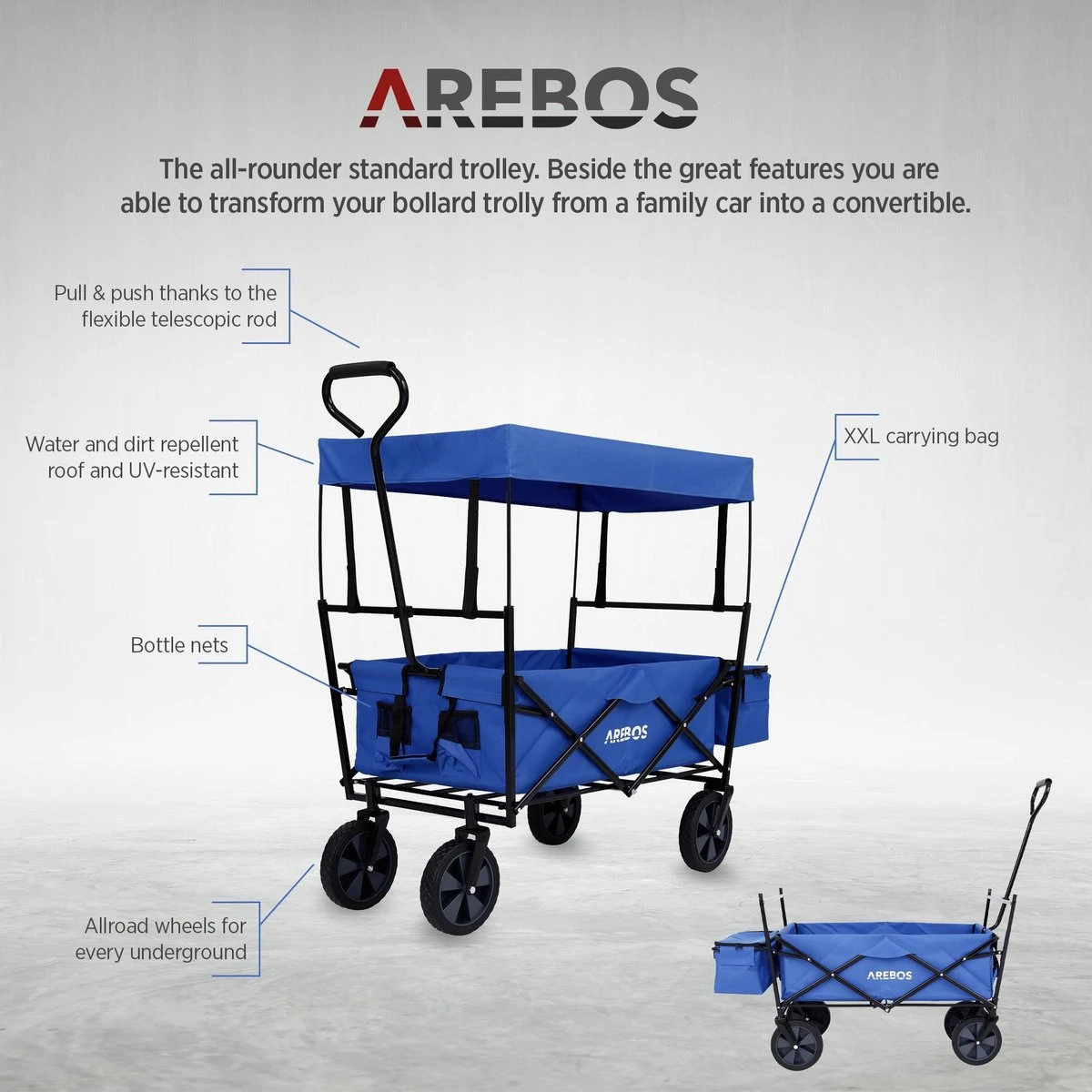 AREBOS Handwagen Vouwbare Dak Handwagen Vouwbare Trolley Uitrustingswagen Blauw 10 AREBOS Handwagen Vouwbare Dak Handwagen Vouwbare Trolley Uitrustingswagen Blauw - Afbeelding 8