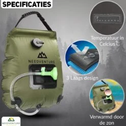 Needventure Solar Douche - Camping Douchezak - Buiten Douche - Tuindouche - Inclusief Thermometer - Waterzak Met Douchekop - 20L - Groen -Buiten Kamperen Apparatuur 1200x1200 2159