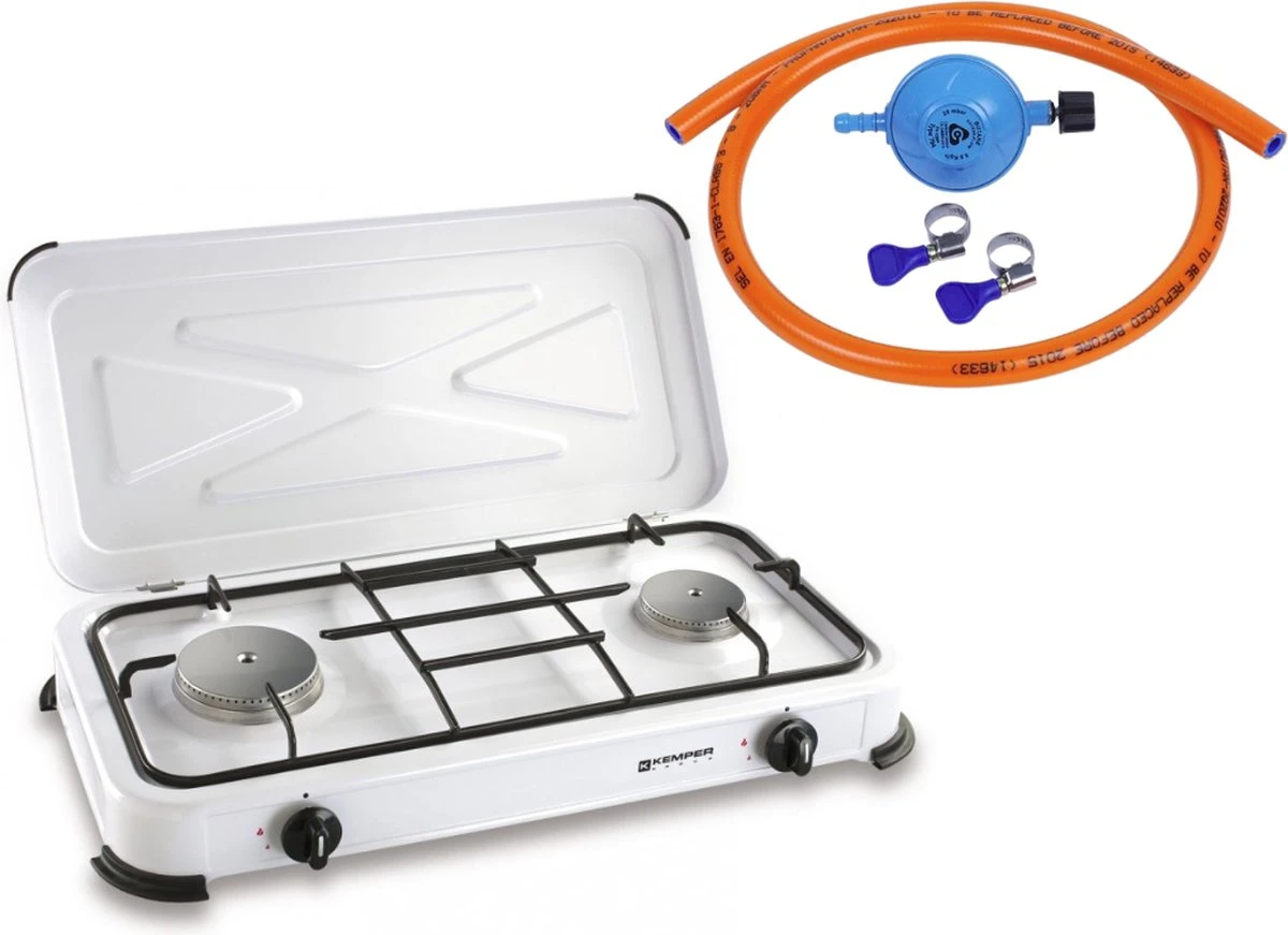 Kemper Gas Kooktoestel - Campingkooktoestel - INCLUSIEF Installatiesetje - Met 2 RVS Branders - 2600W 3 Kemper Gas Kooktoestel - Campingkooktoestel - INCLUSIEF Installatiesetje - Met 2 RVS Branders - 2600W