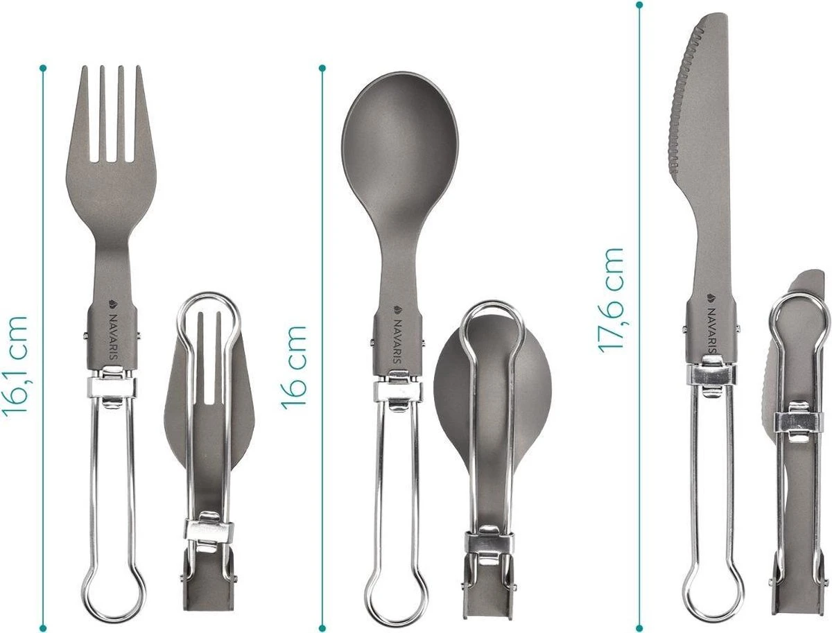 Navaris Campingbestek Van Titanium - Set Met Vork, Mes En Lepel - Inklapbaar - Bestekset Voor Onderweg - Inclusief Karabijnhaak En Bewaarzakje 6 Navaris Campingbestek Van Titanium - Set Met Vork, Mes En Lepel - Inklapbaar - Bestekset Voor Onderweg - Inclusief Karabijnhaak En Bewaarzakje - Afbeelding 4